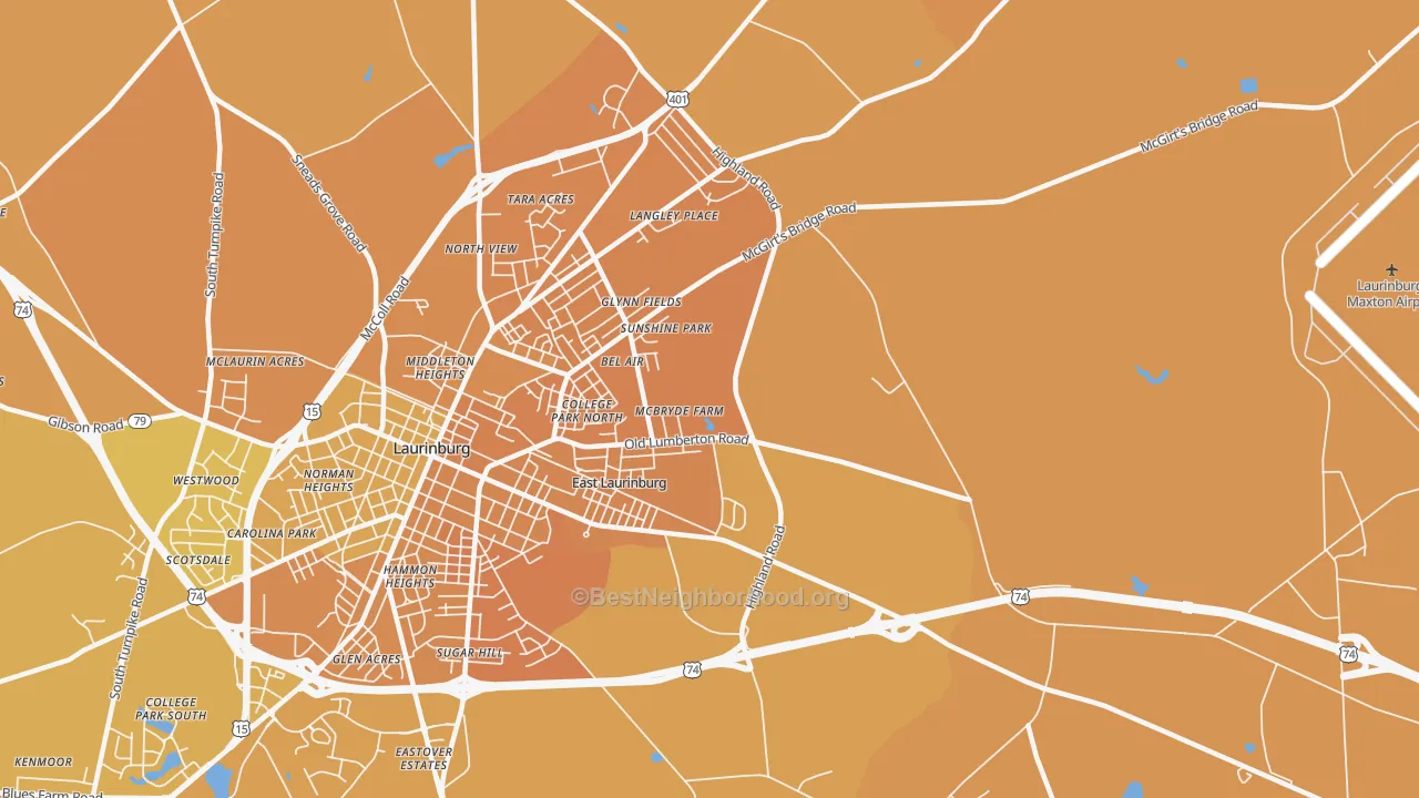 Map of the best neighborhoods in the East Laurinburg area, with better matches in green and worse matches in red