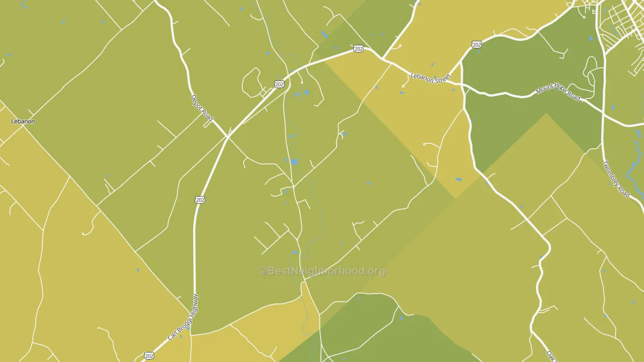 Map of the best neighborhoods in the East Lebanon area, with better matches in green and worse matches in red