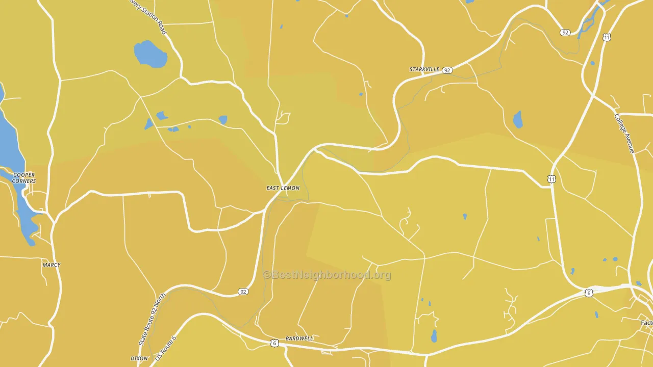 Map of the best neighborhoods in the East Lemon area, with better matches in green and worse matches in red