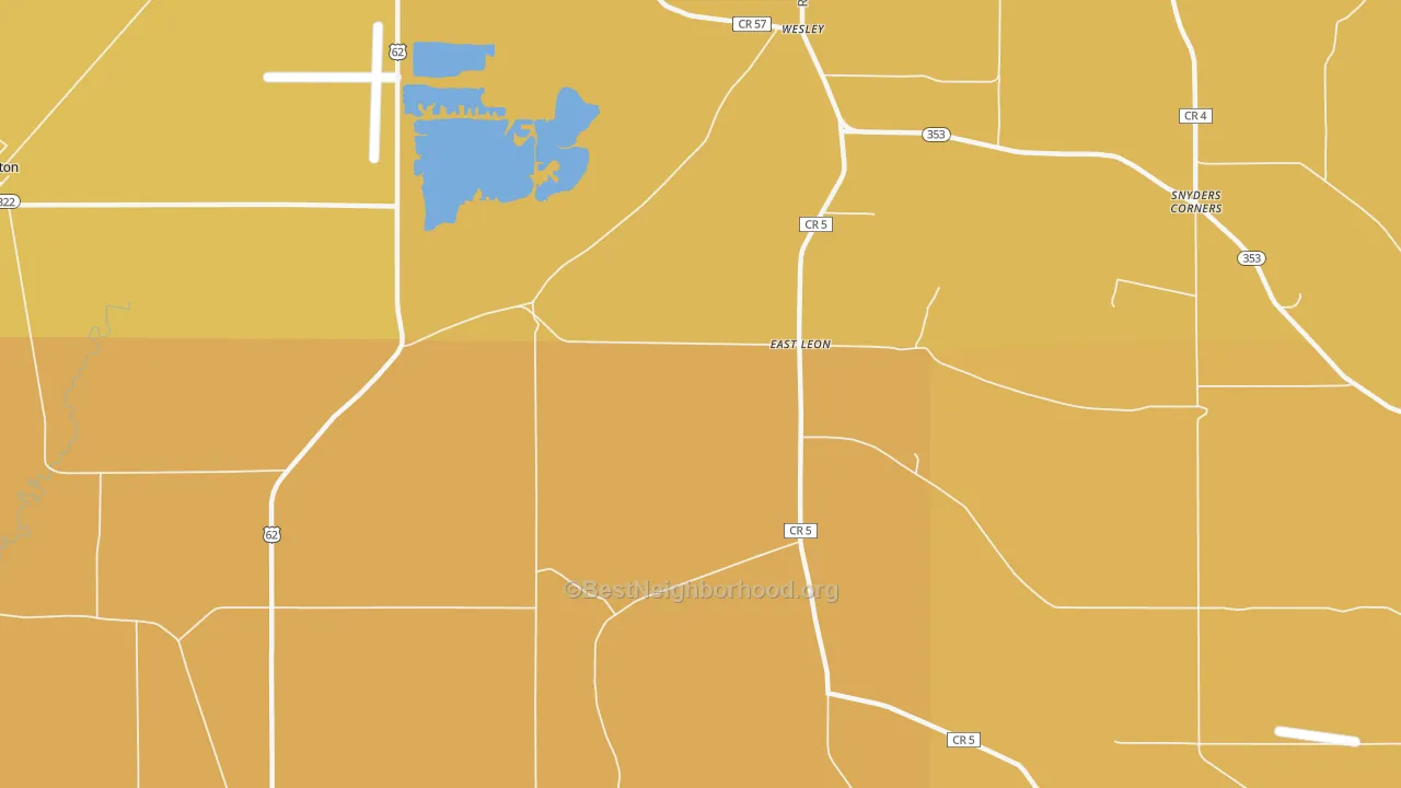 Map of the best neighborhoods in the East Leon area, with better matches in green and worse matches in red