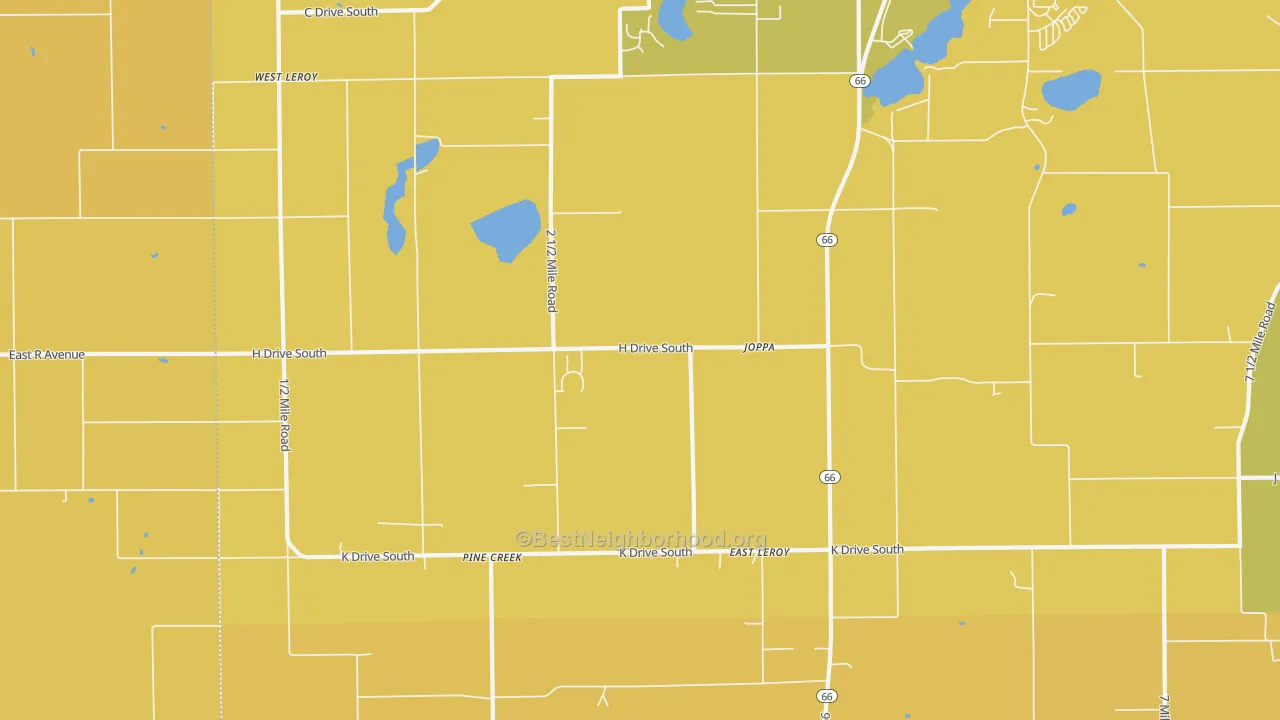 Map of the best neighborhoods in the East Leroy area, with better matches in green and worse matches in red