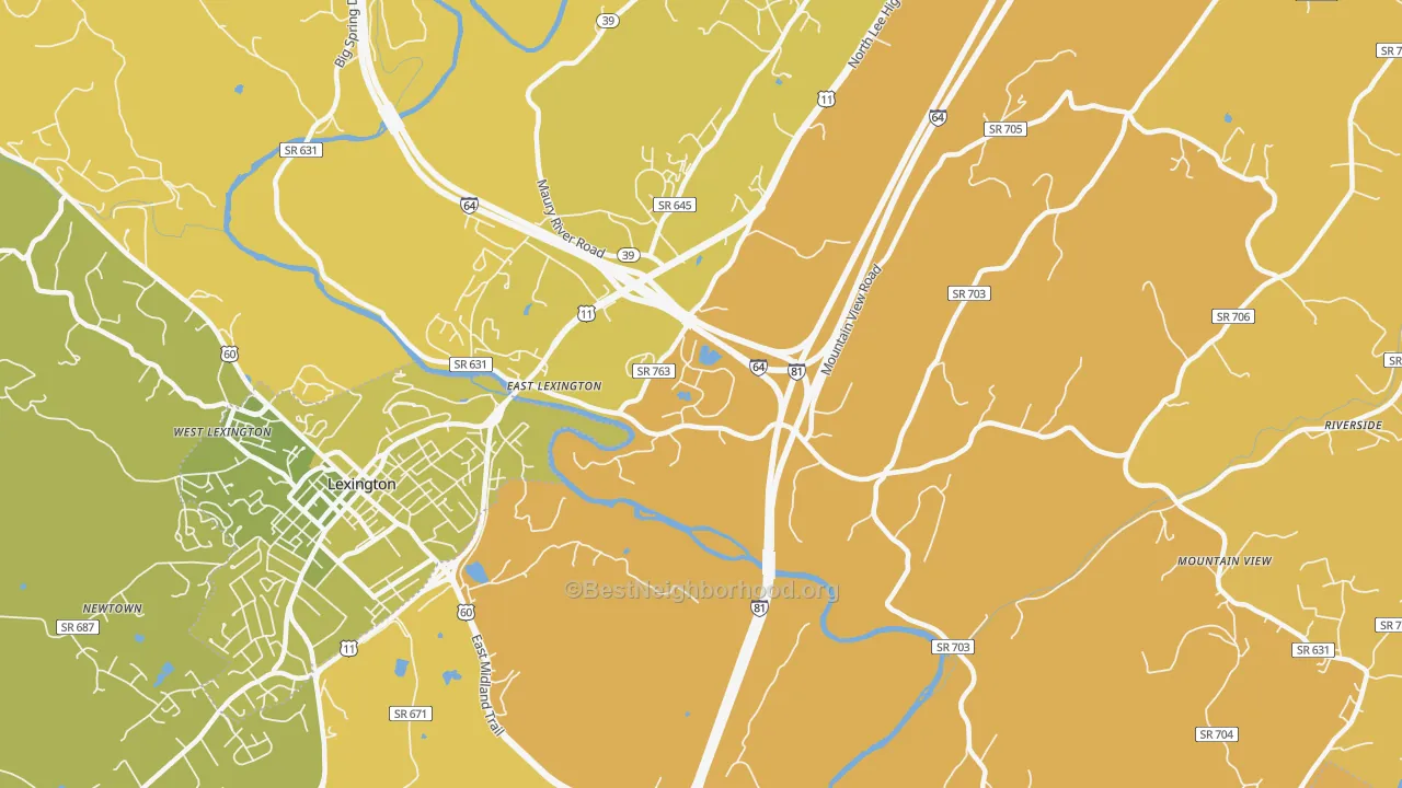 Map of the best neighborhoods in the East Lexington area, with better matches in green and worse matches in red