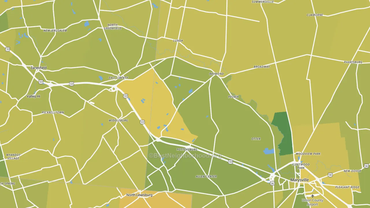 Map of the best neighborhoods in the East Liberty area, with better matches in green and worse matches in red