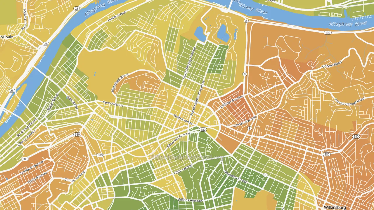 Map of the best neighborhoods in the East Liberty, Pittsburgh area, with better matches in green and worse matches in red