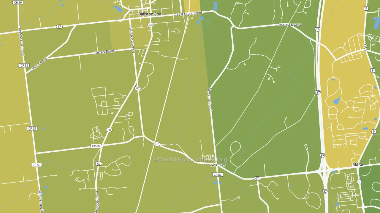 Map of the best neighborhoods in the East Line area, with better matches in green and worse matches in red