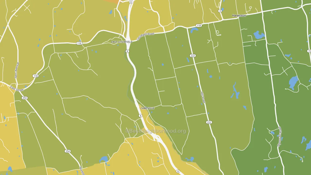Map of the best neighborhoods in the East Litchfield area, with better matches in green and worse matches in red