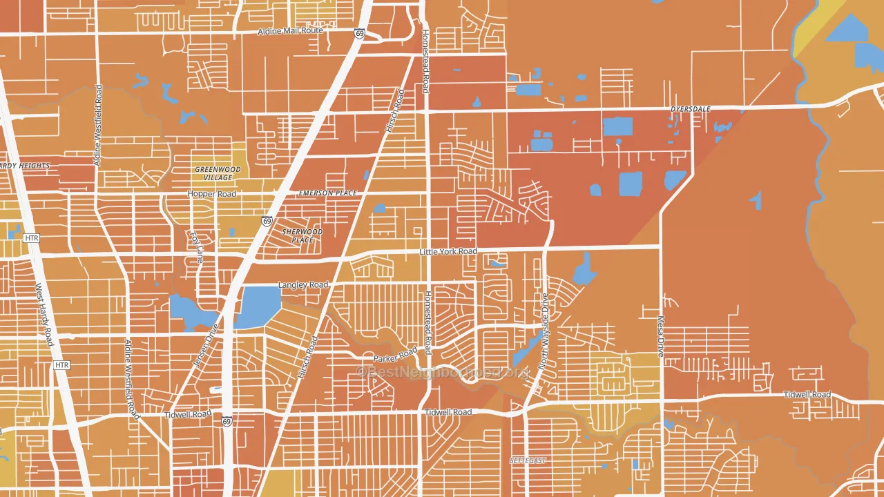 Map of the best neighborhoods in the East Little York-Homestead, Houston area, with better matches in green and worse matches in red