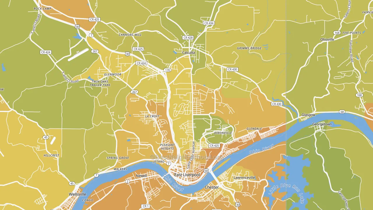 Map of the best neighborhoods in the East Liverpool area, with better matches in green and worse matches in red