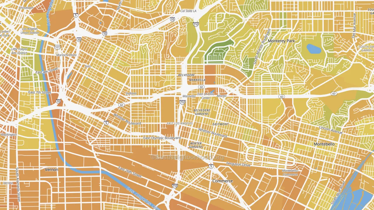 Map of the best neighborhoods in the East Los Angeles area, with better matches in green and worse matches in red