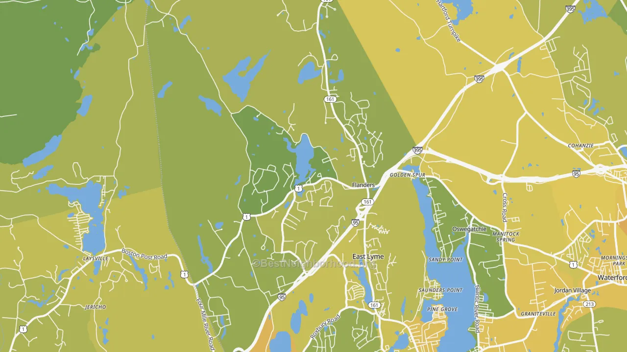 Map of the best neighborhoods in the East Lyme area, with better matches in green and worse matches in red