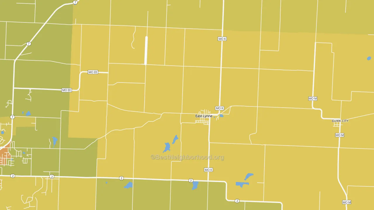 Map of the best neighborhoods in the East Lynne area, with better matches in green and worse matches in red