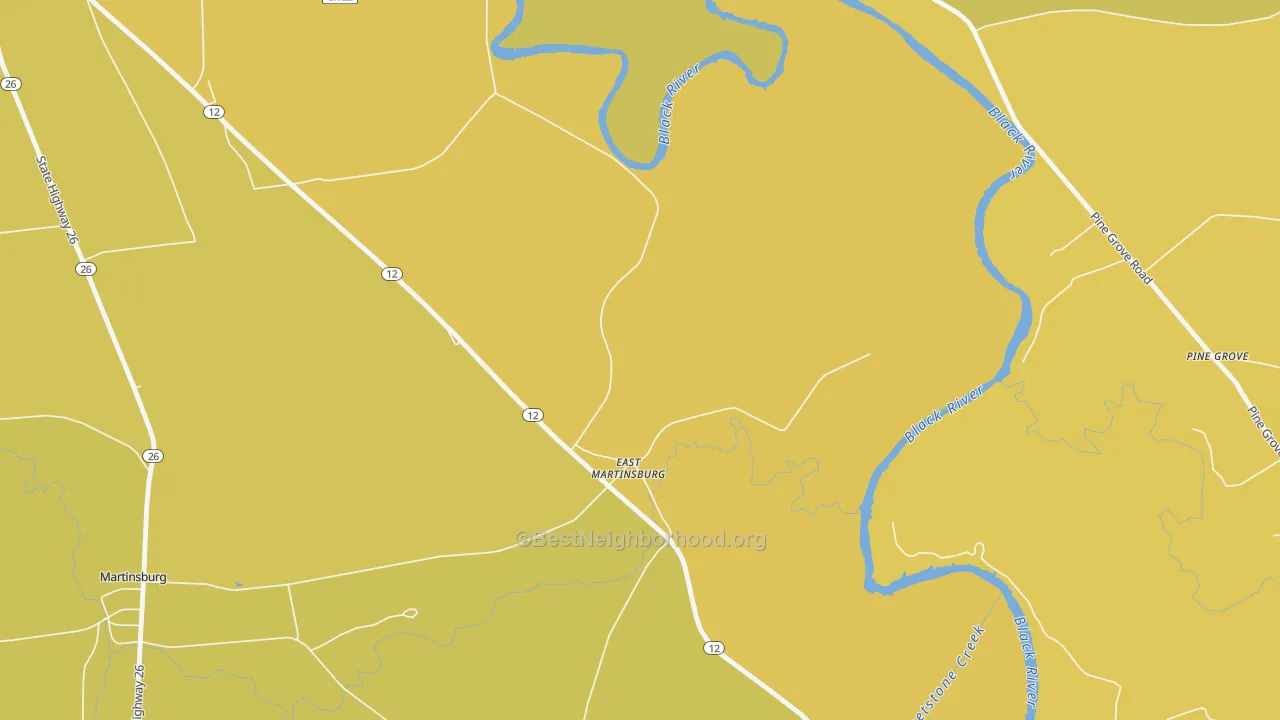Map of the best neighborhoods in the East Martinsburg area, with better matches in green and worse matches in red