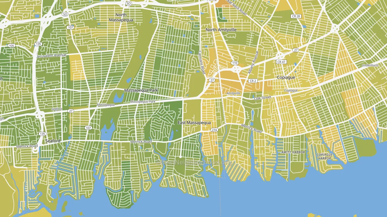 Map of the best neighborhoods in the East Massapequa area, with better matches in green and worse matches in red