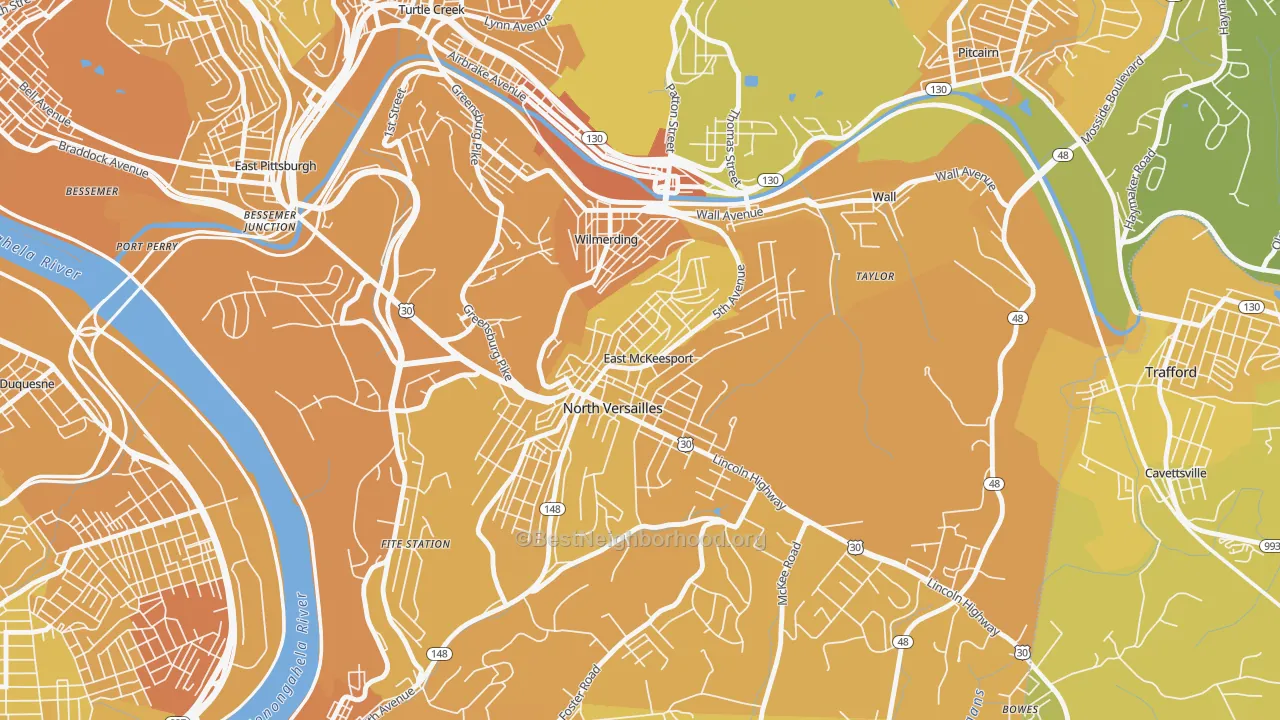 Map of the best neighborhoods in the East McKeesport area, with better matches in green and worse matches in red