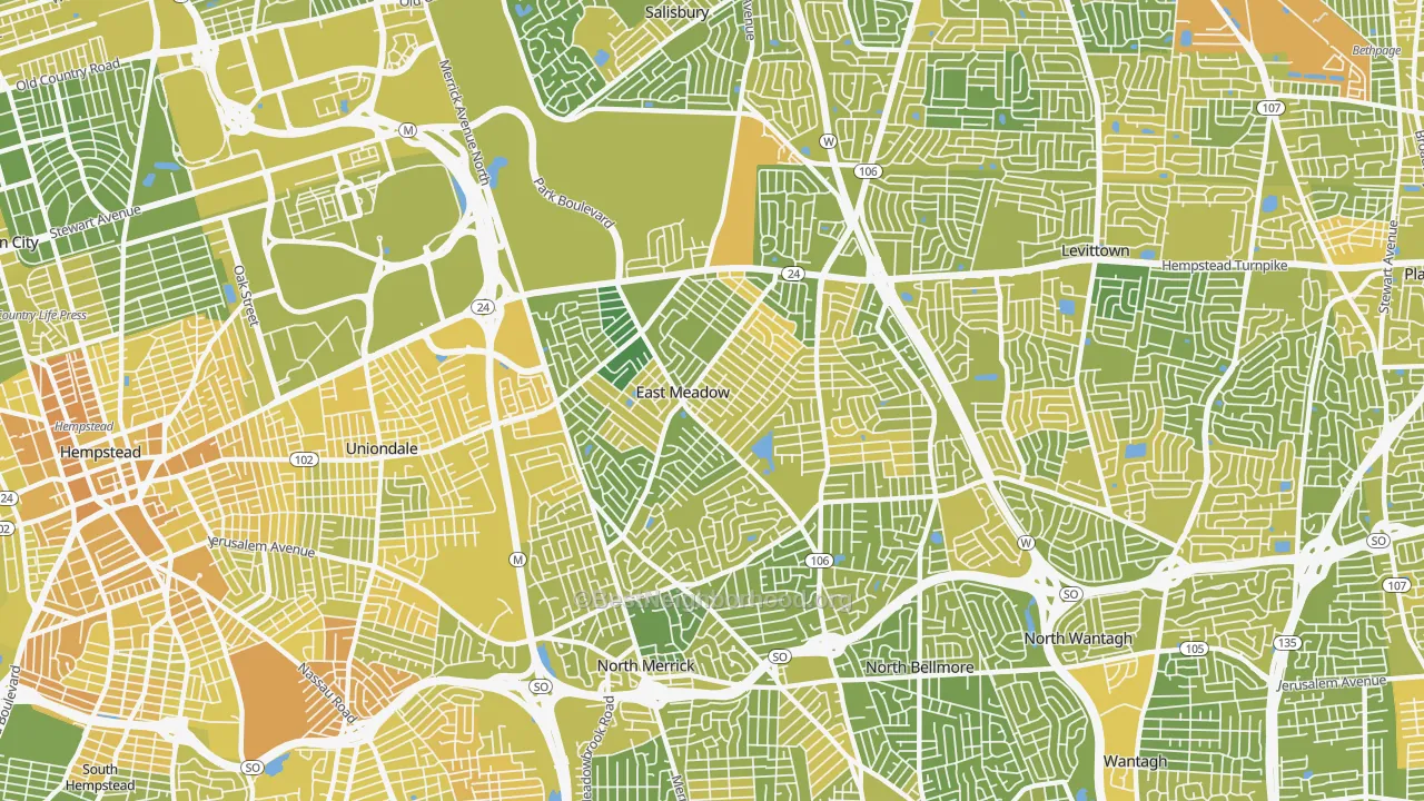 Map of the best neighborhoods in the East Meadow area, with better matches in green and worse matches in red