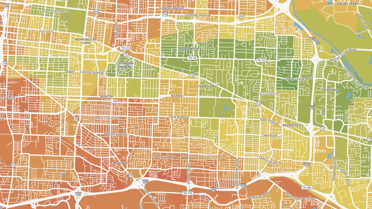 Map of the best neighborhoods in the East Memphis-Colonial-Yorkshire, Memphis area, with better matches in green and worse matches in red