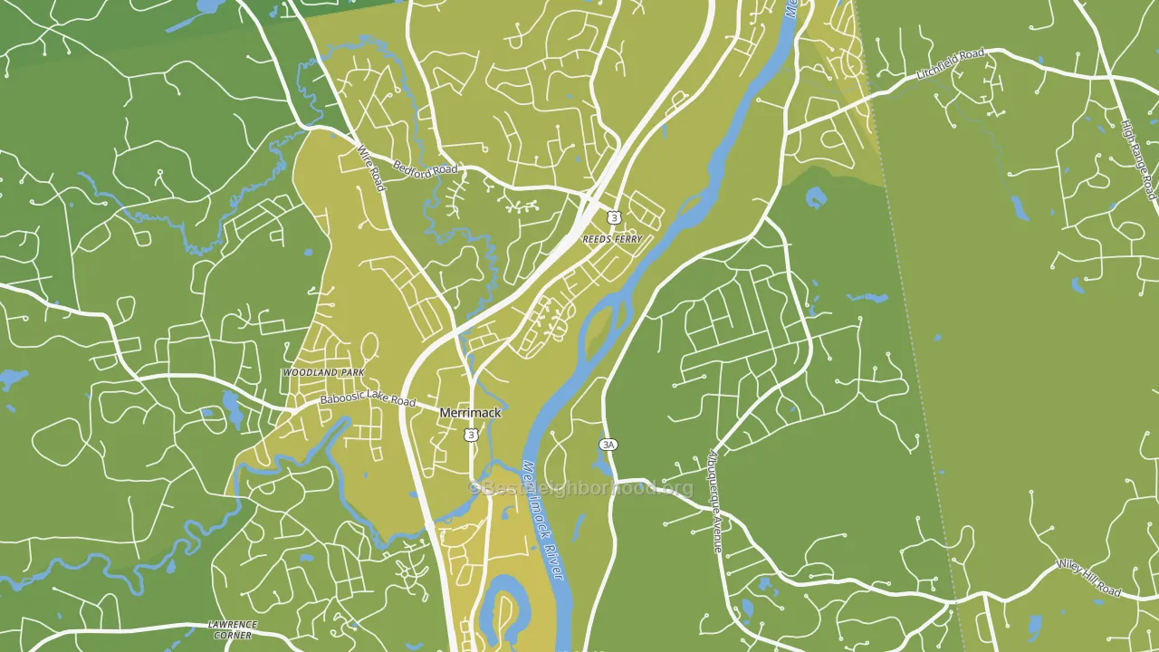 Map of the best neighborhoods in the East Merrimack area, with better matches in green and worse matches in red
