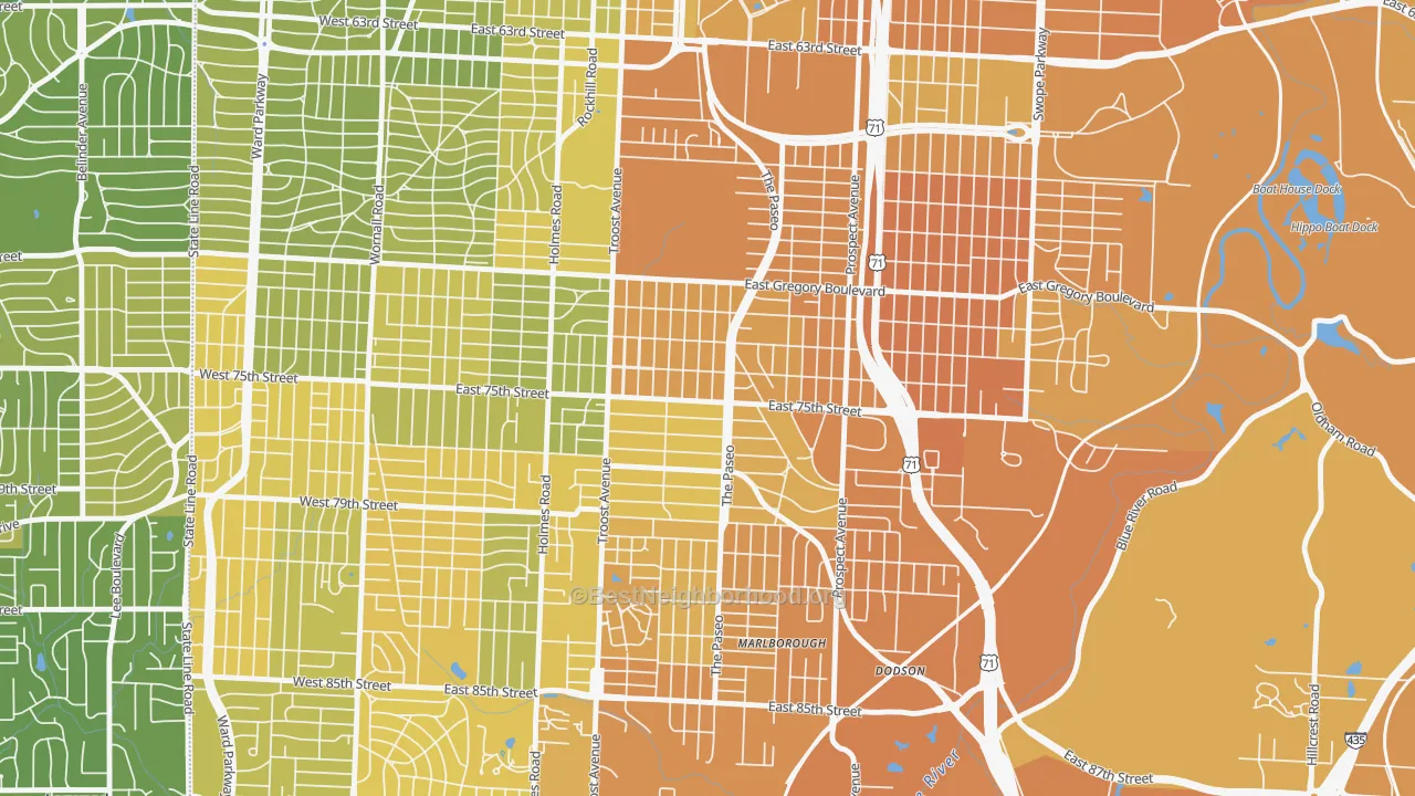 Map of the best neighborhoods in the East Meyer, Kansas City area, with better matches in green and worse matches in red