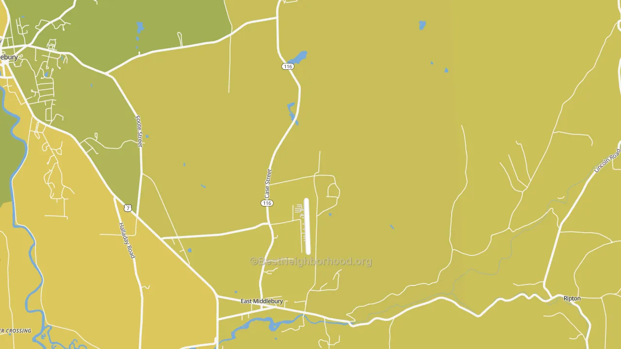 Map of the best neighborhoods in the East Middlebury area, with better matches in green and worse matches in red