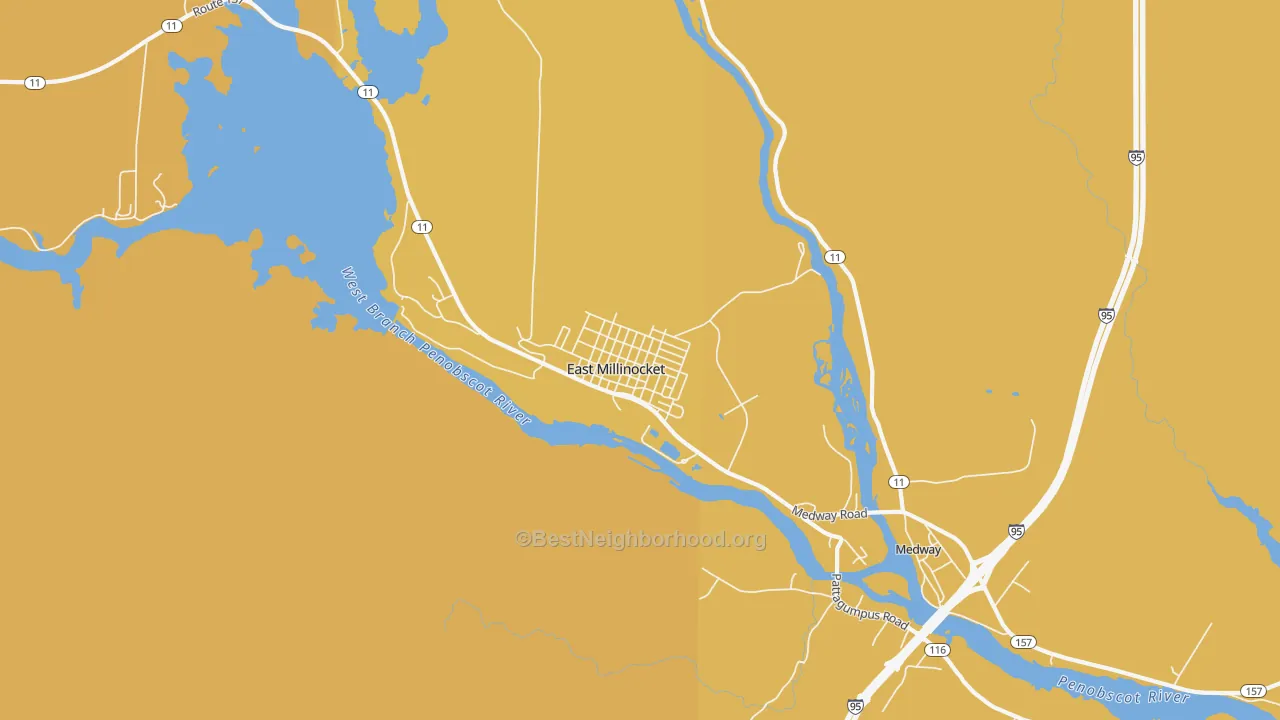 Map of the best neighborhoods in the East Millinocket area, with better matches in green and worse matches in red