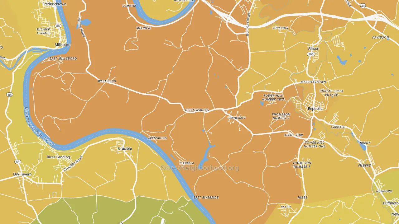 Map of the best neighborhoods in the East Millsboro area, with better matches in green and worse matches in red