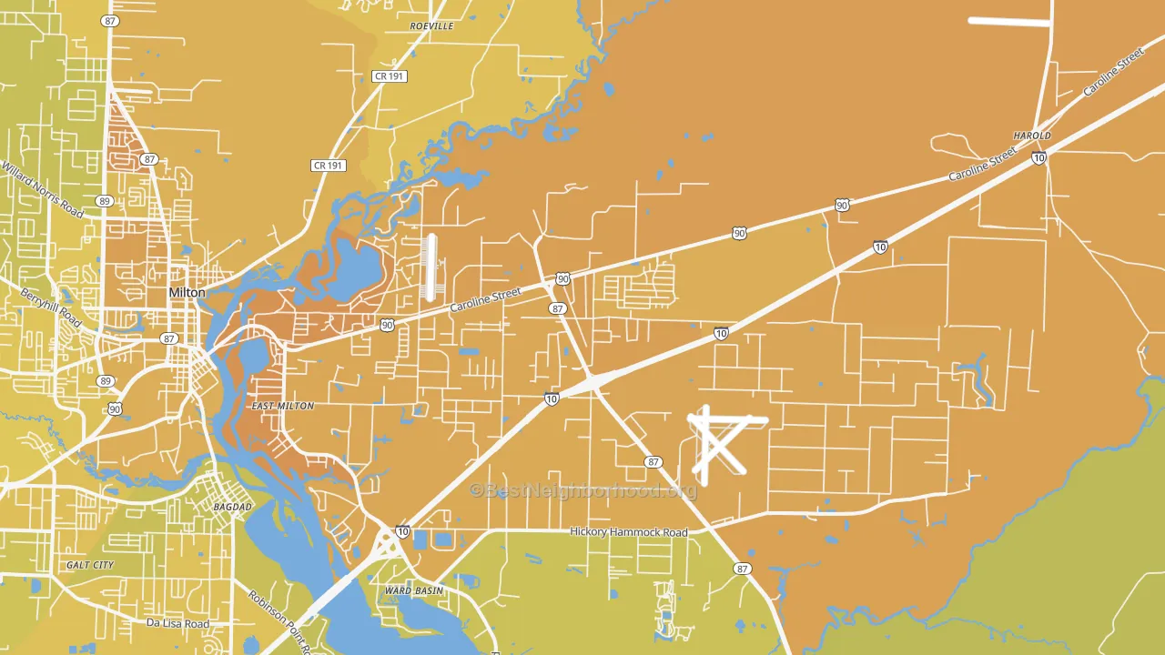 Map of the best neighborhoods in the East Milton area, with better matches in green and worse matches in red