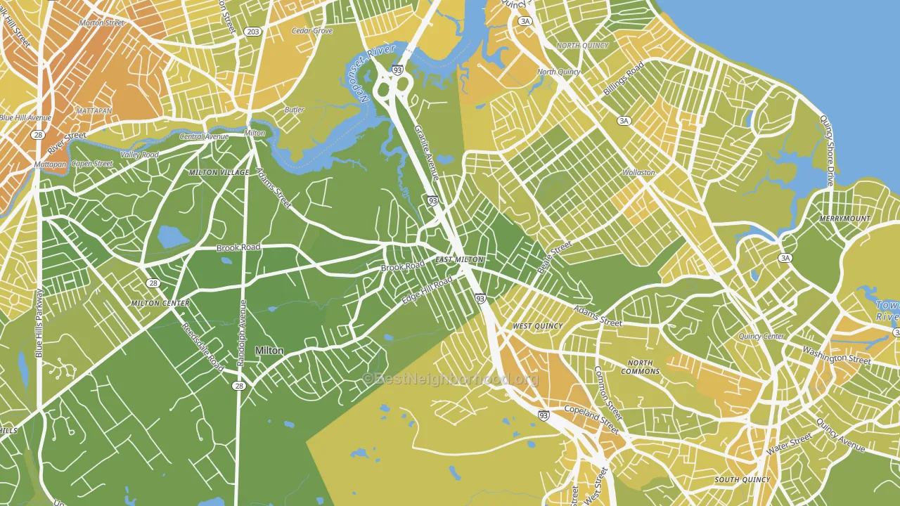 Map of the best neighborhoods in the East Milton, Milton area, with better matches in green and worse matches in red