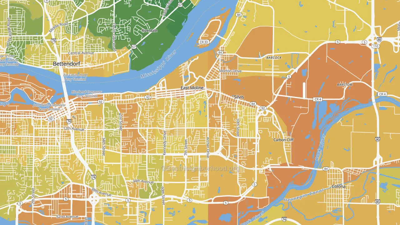 Map of the best neighborhoods in the East Moline area, with better matches in green and worse matches in red