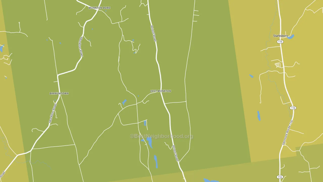 Map of the best neighborhoods in the East Monkton area, with better matches in green and worse matches in red