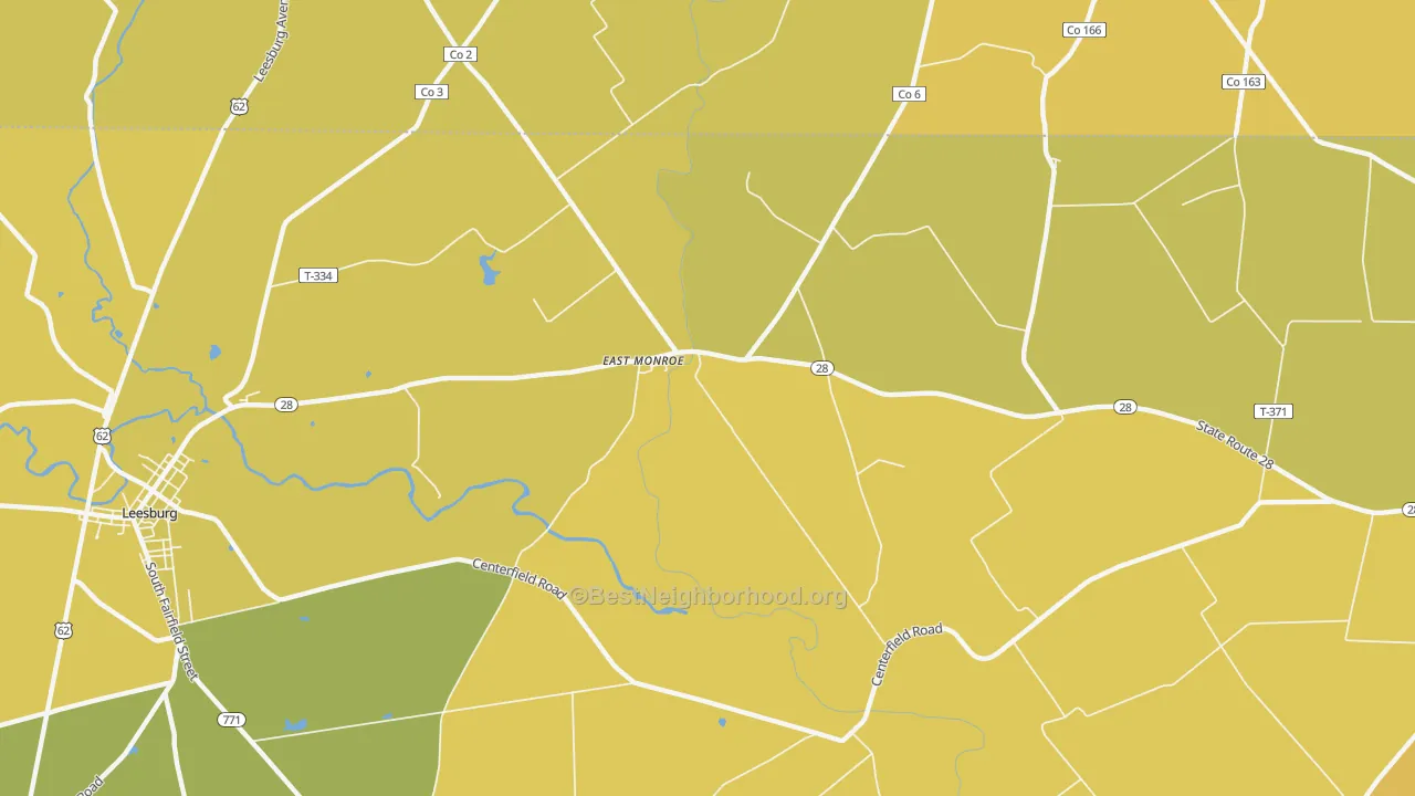 Map of the best neighborhoods in the East Monroe area, with better matches in green and worse matches in red
