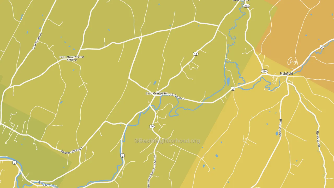 Map of the best neighborhoods in the East Montpelier area, with better matches in green and worse matches in red