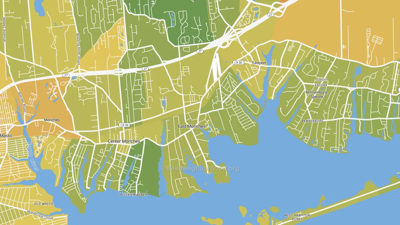 Map of the best neighborhoods in the East Moriches area, with better matches in green and worse matches in red