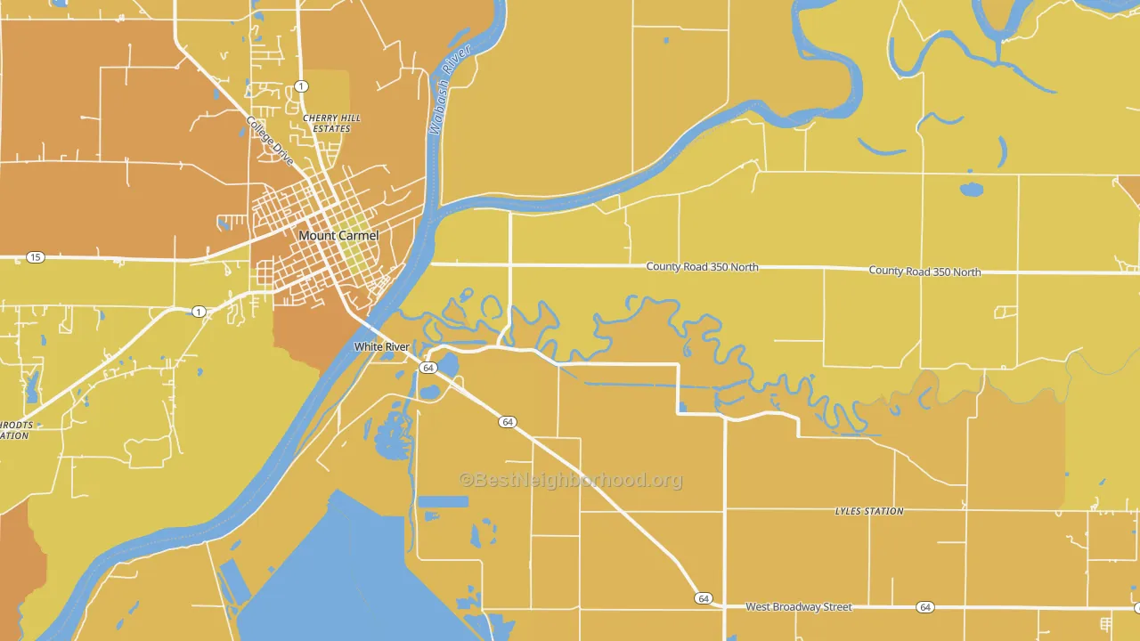 Map of the best neighborhoods in the East Mount Carmel area, with better matches in green and worse matches in red