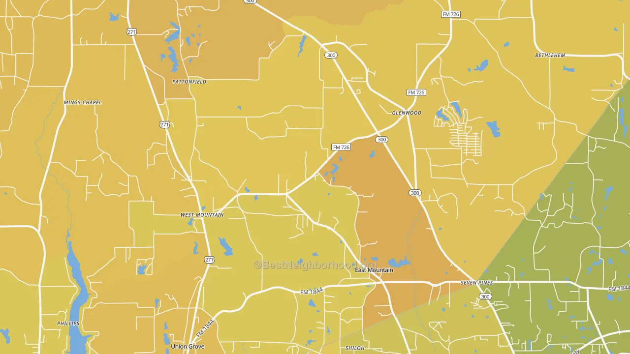 Map of the best neighborhoods in the East Mountain area, with better matches in green and worse matches in red