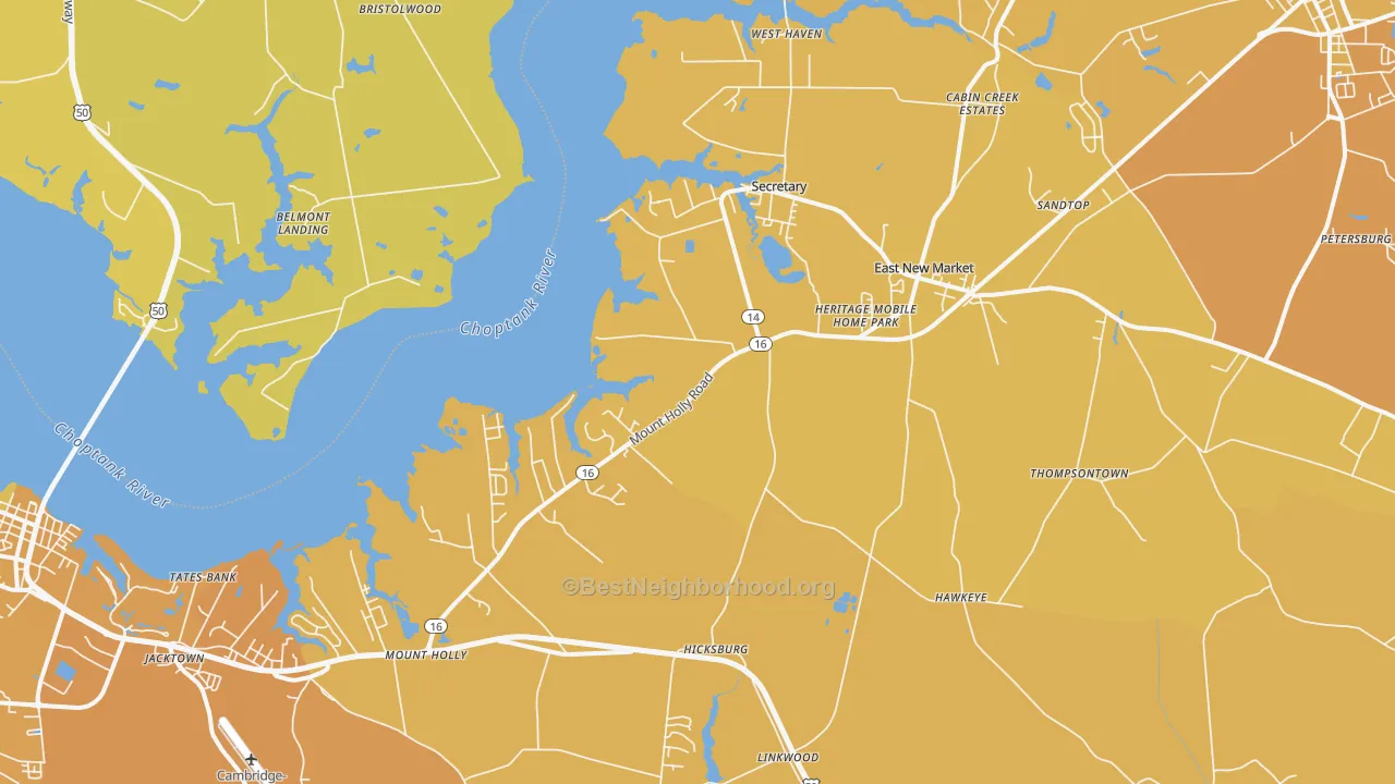 Map of the best neighborhoods in the East New Market area, with better matches in green and worse matches in red