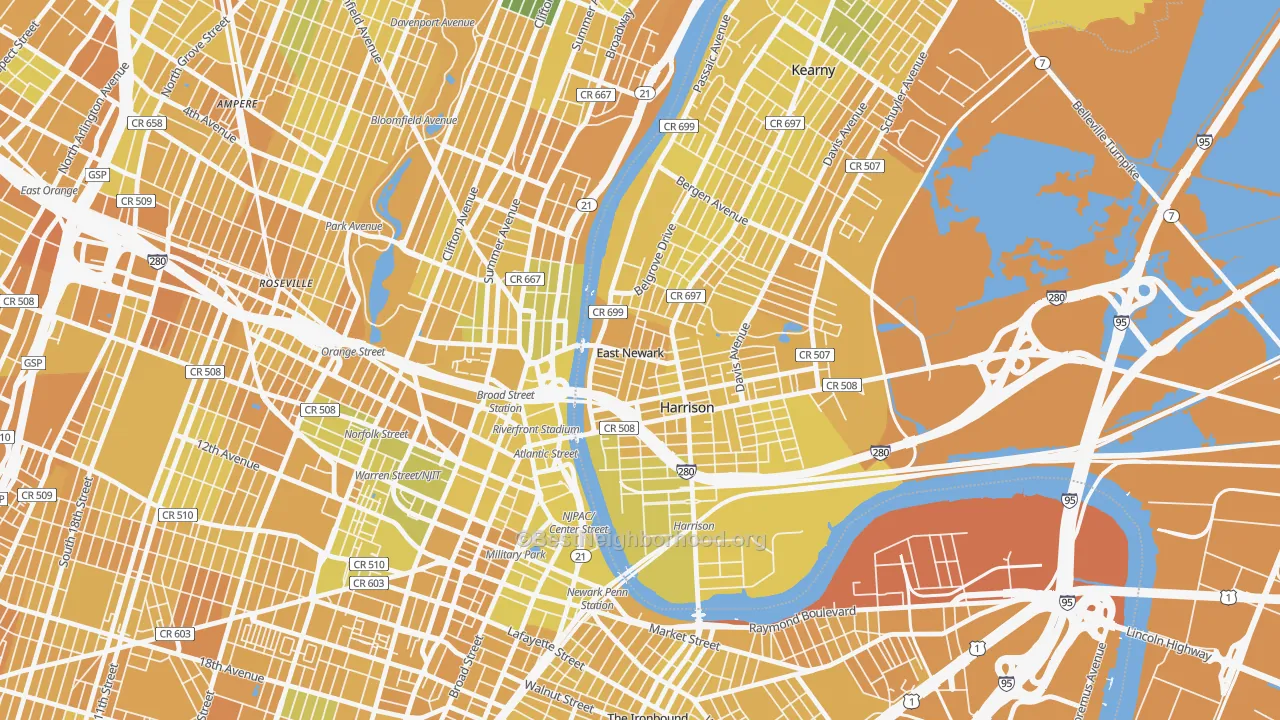 Map of the best neighborhoods in the East Newark area, with better matches in green and worse matches in red