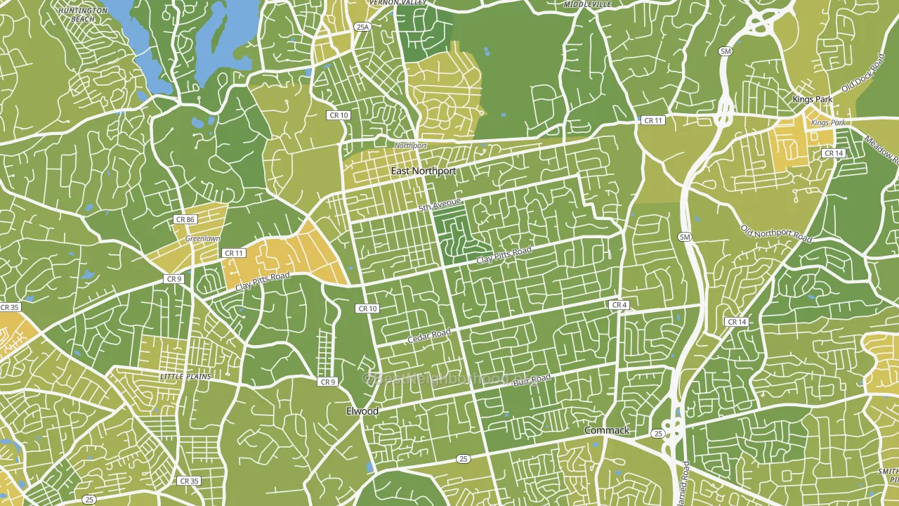 Map of the best neighborhoods in the East Northport area, with better matches in green and worse matches in red