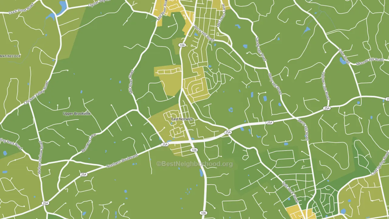 Map of the best neighborhoods in the East Norwich area, with better matches in green and worse matches in red