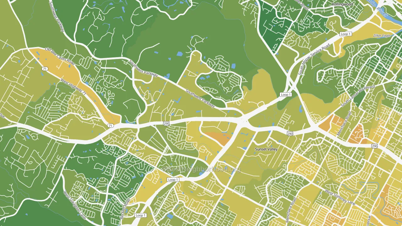 Map of the best neighborhoods in the East Oak Hill, Austin area, with better matches in green and worse matches in red
