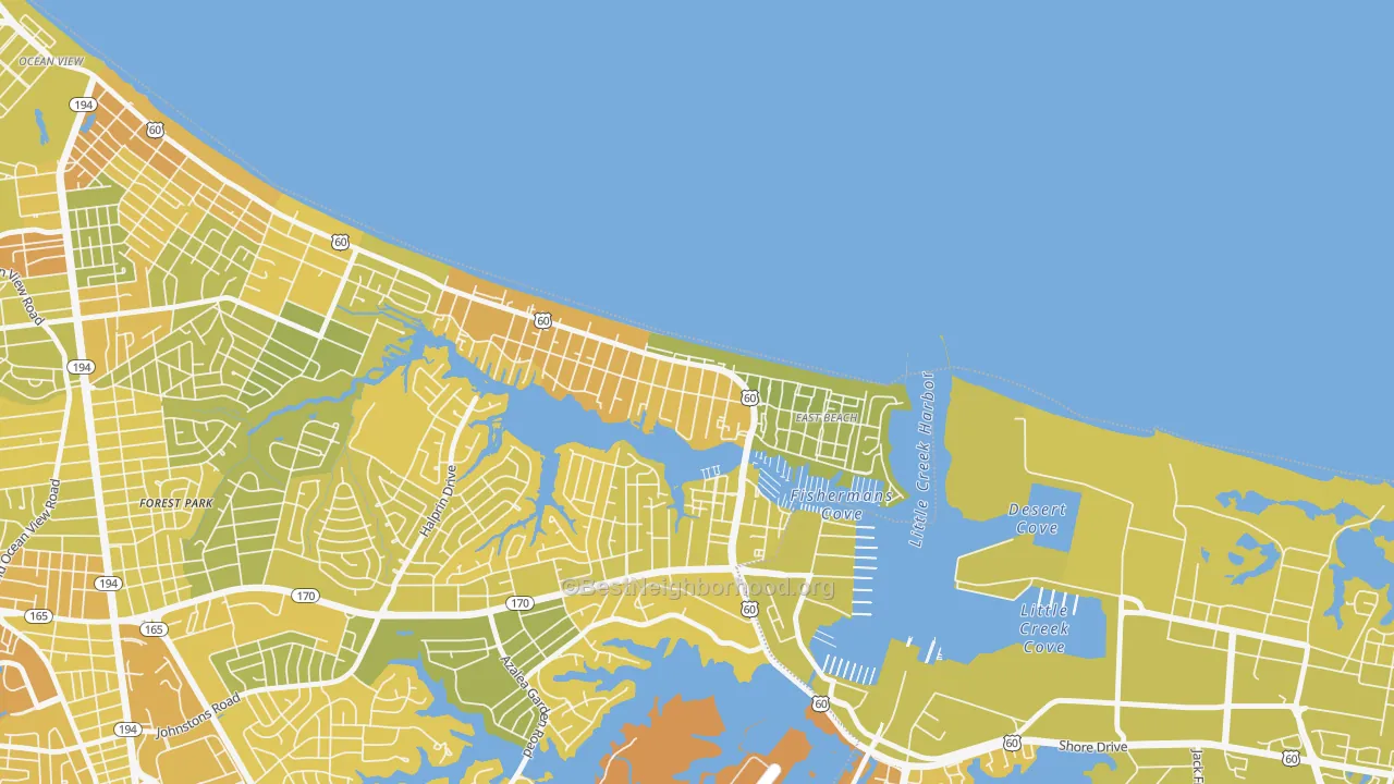 Map of the best neighborhoods in the East Ocean View, Norfolk area, with better matches in green and worse matches in red