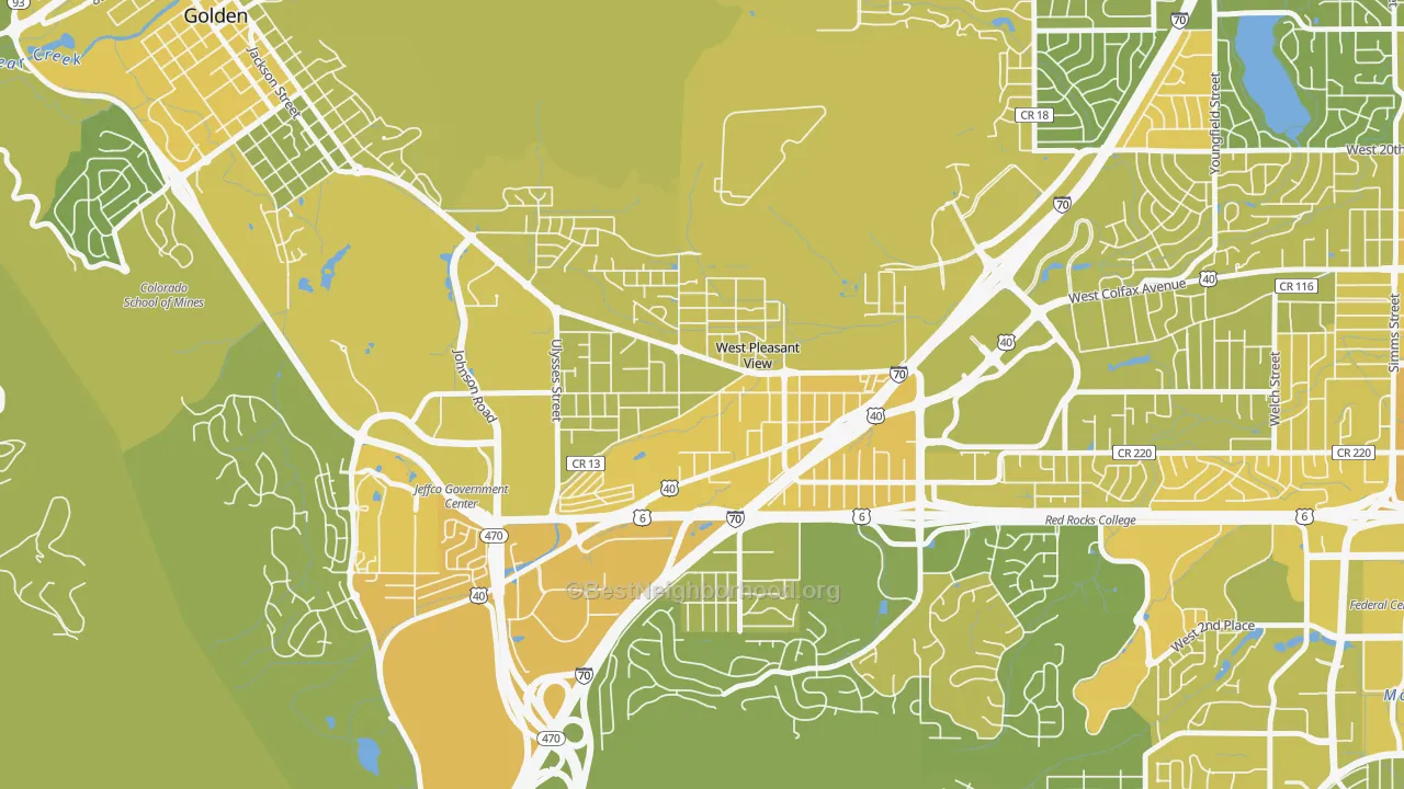 Map of the best neighborhoods in the East Old Golden Road, West Pleasant View area, with better matches in green and worse matches in red