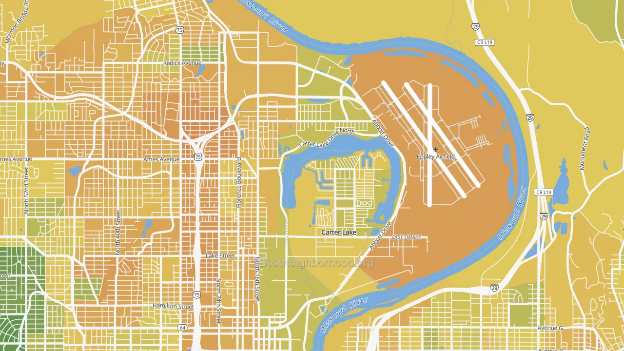 Map of the best neighborhoods in the East Omaha, Omaha area, with better matches in green and worse matches in red