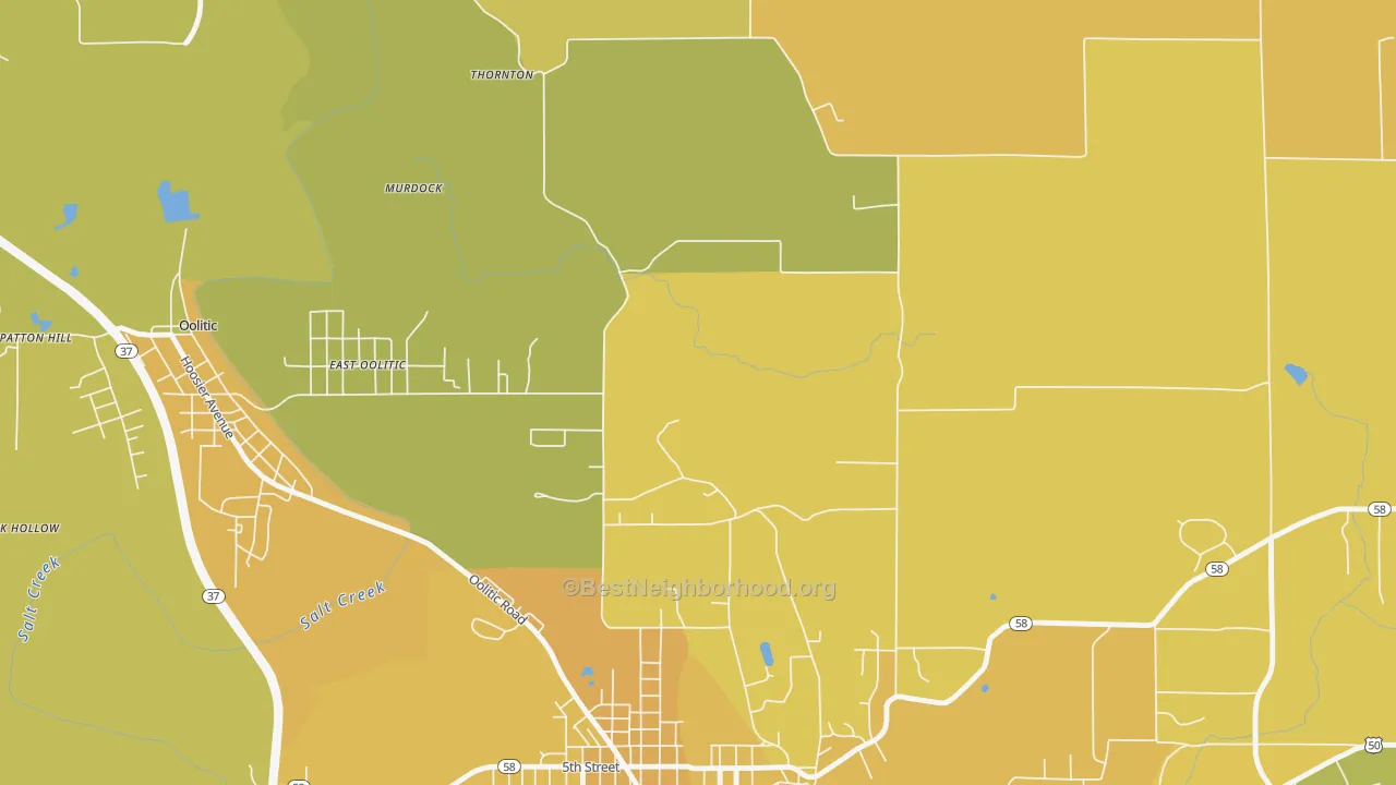Map of the best neighborhoods in the East Oolitic area, with better matches in green and worse matches in red