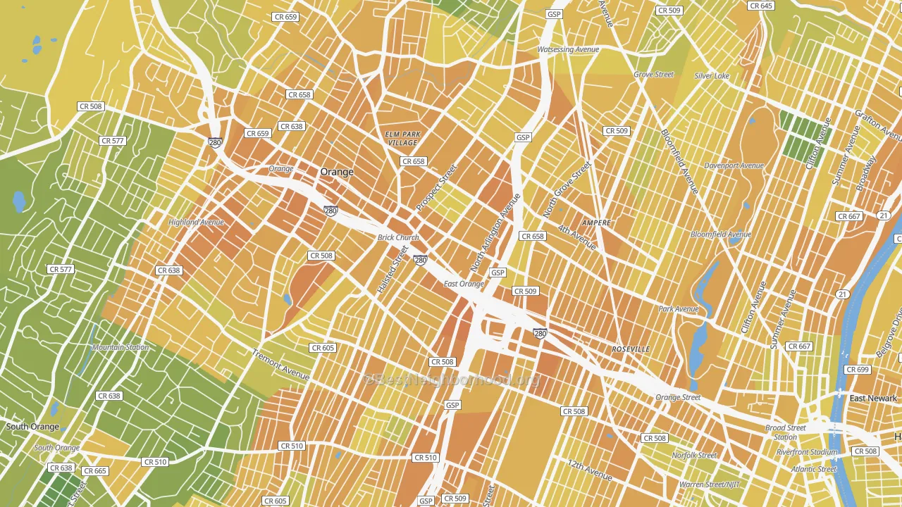 Map of the best neighborhoods in the East Orange area, with better matches in green and worse matches in red