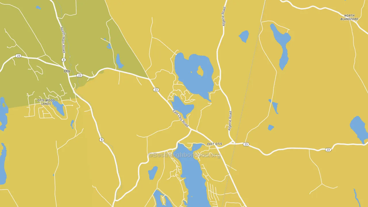 Map of the best neighborhoods in the East Otis area, with better matches in green and worse matches in red