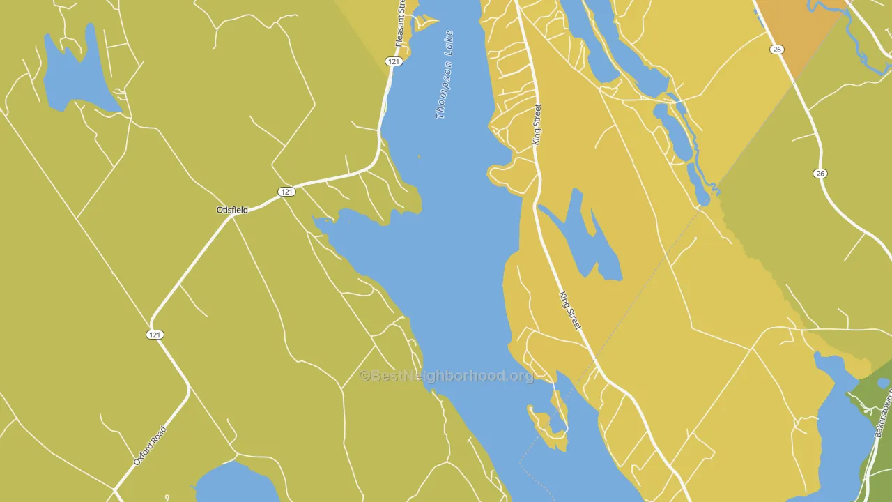 Map of the best neighborhoods in the East Otisfield area, with better matches in green and worse matches in red