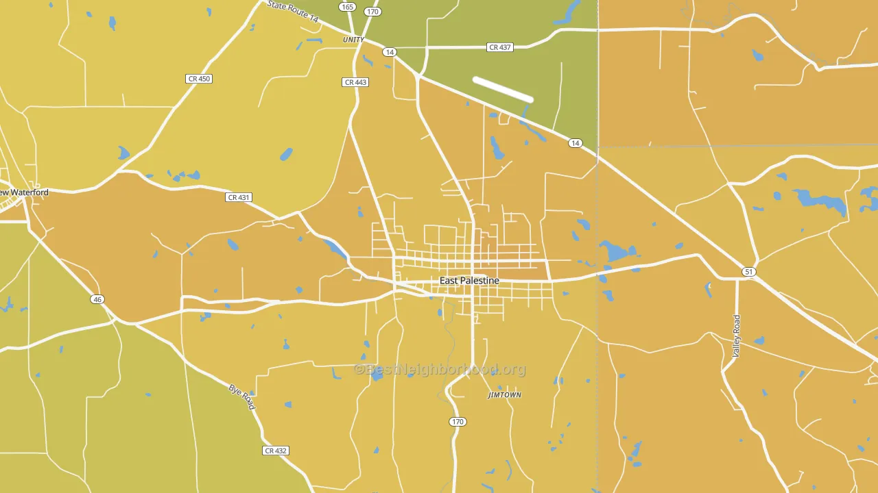 Map of the best neighborhoods in the East Palestine area, with better matches in green and worse matches in red