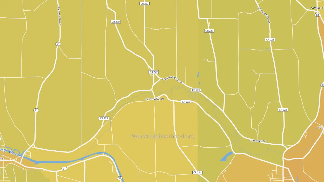 Map of the best neighborhoods in the East Palmyra area, with better matches in green and worse matches in red