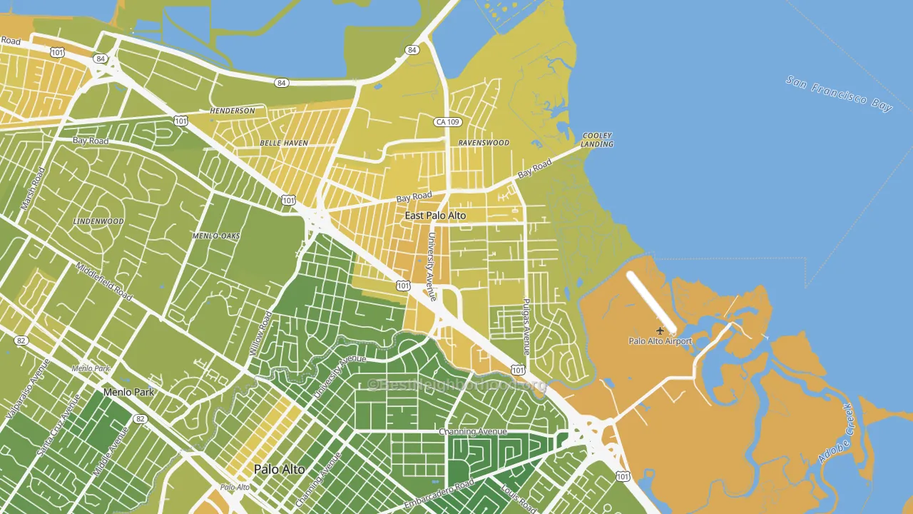 Map of the best neighborhoods in the East Palo Alto area, with better matches in green and worse matches in red