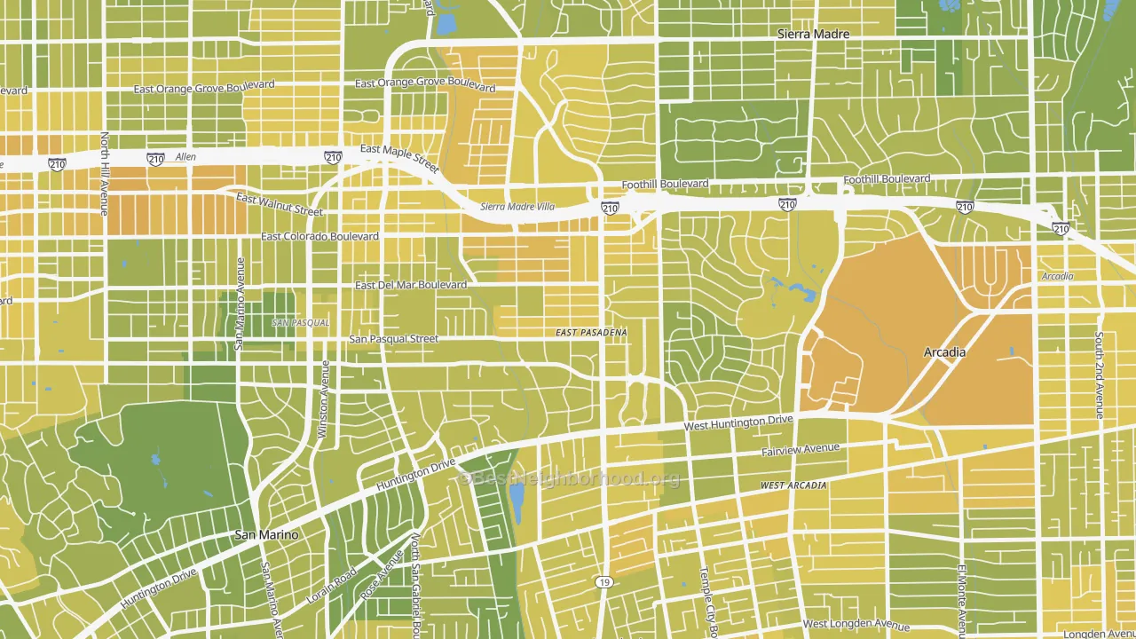 Map of the best neighborhoods in the East Pasadena area, with better matches in green and worse matches in red